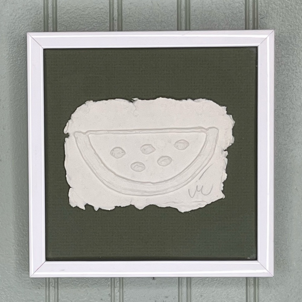 Embossed Paper Watermelon Art Framed & Signed Minimalist Decor White/Green Fruit
